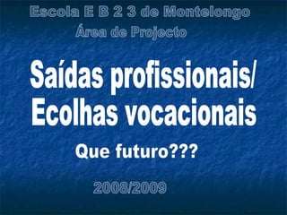 Escola E B 2 3 de Montelongo Saídas profissionais/ Ecolhas vocacionais Que futuro??? 2008/2009 Área de Projecto 