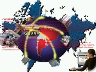   Personal    La biblioteca deberá ser manejada por un grupo de bibliotecarios  profesionales altamente calificados y poseedores de una vasta cultura. En cuanto a esto la ALA indica que el “número del personal de una biblioteca universitaria estará  de acuerdo con el tamaño de la institución, pero se requiere de un mínimo de tres bibliotecarios profesionales  para poder prestar un servicio efectivo; el director y dos funcionarios quienes serán  responsables de procesos técnicos y servicios al público    Instalaciones (edificios mobiliario y equipo)  En sí todos los documentos indican que el  edificio debe ser adecuado, sobre todo planificado, ya que el albergar las colecciones , .personal y todos los usuarios posibles, no debe hacerse de manera improvisada, pues se deben tomar en cuenta los siguientes puntos: el tamaño de acuerdo al número de plantas que deben constituir el edifici     