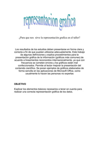 ¿Para que nos sirve la representación grafica en el taller?
Los resultados de los estudios deben presentarse en forma clara y
correcta a fin de que puedan utilizarse adecuadamente. Este trabajo
da algunas definiciones y explica procedimientos para la
presentación gráfica de la información (gráficos más comunes) de
acuerdo a lineamientos reconocidos internacionalmente, ya que con
frecuencia se cometen errores y los gráficos están mal
confeccionados. Permite al lector mejorar la presentación del
contenido científico. Se ponen ejemplos de gráficos elaborados de
forma sencilla en las aplicaciones de Microsoft Office, como
usualmente lo hacen las personas no expertas
OBJETIVO
Explicar los elementos básicos necesarios a tener en cuenta para
realizar una correcta representación gráfica de los datos.
 