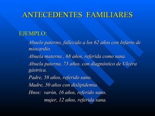 ANTECEDENTES  FAMILIARES EJEMPLO: Abuelo paterno, fallecido a los 62 años con Infarto de  miocardio. Abuela materna , 68 años, referida como sana. Abuela paterna, 73 años, con diagnóstico de Ulcéra  gástrica. Padre, 58 años, referido sano. Madre, 50 años con dislipidemia. Hnos:  varón, 16 años, referido sano. mujer, 12 años, referida sana. 