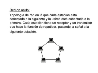 Red en anillo: Topología de red en la que cada estación está conectada a la siguiente y la última está conectada a la primera. Cada estación tiene un receptor y un transmisor que hace la función de repetidor, pasando la señal a la siguiente estación.   
