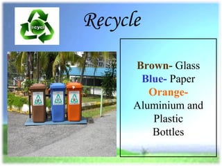 Recycle Brown-  Glass Blue-   Paper Orange-  Aluminium and Plastic Bottles 