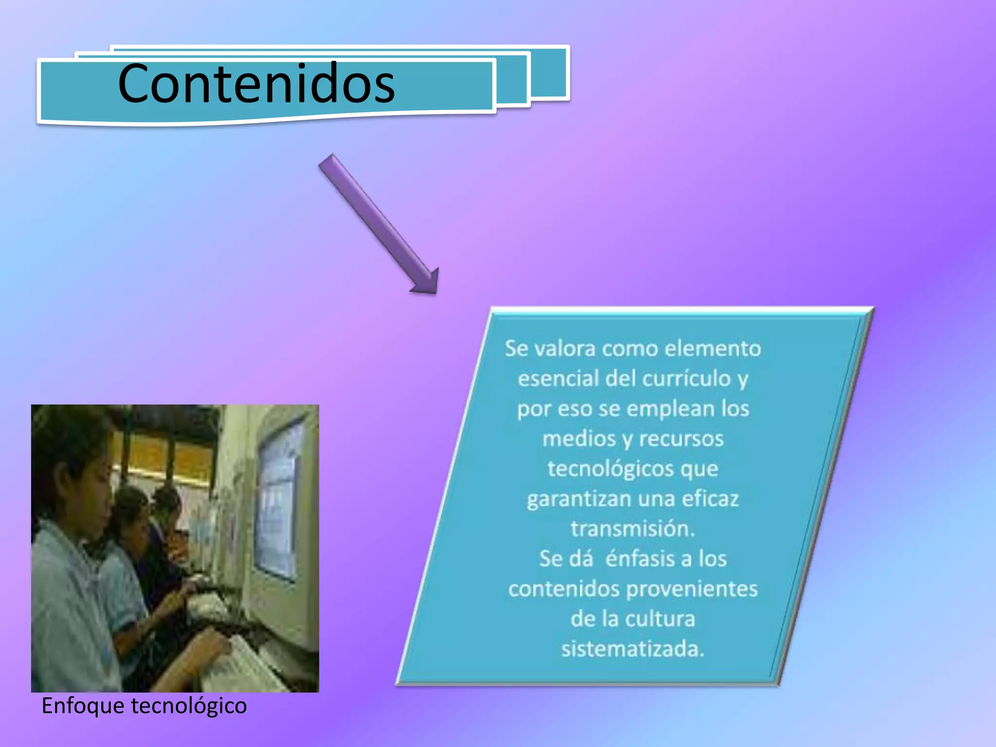 ContenidosSe valora como elemento esencial del currículo y por eso se emplean los medios y recursos tecnológicos que garantizan una eficaz transmisión.Se dá  énfasis a los contenidos provenientes de la cultura sistematizada.Enfoque tecnológico