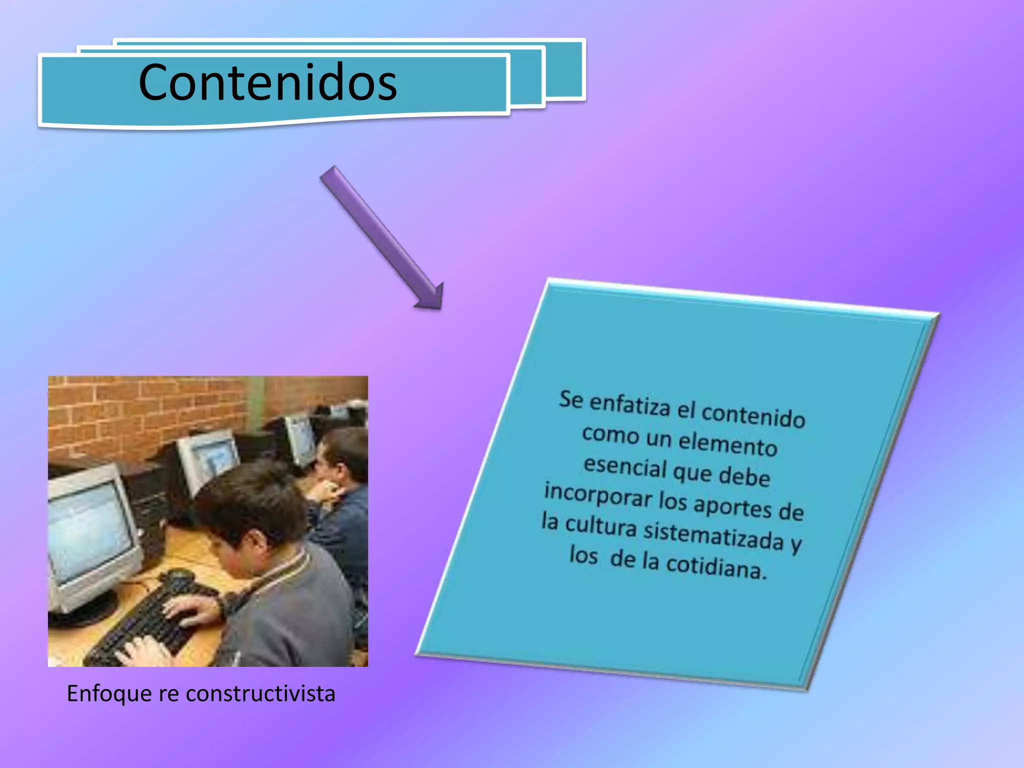 ContenidosSe enfatiza el contenido como un elemento esencial que debe incorporar los aportes de la cultura sistematizada y los  de la cotidiana.Enfoque re constructivista
