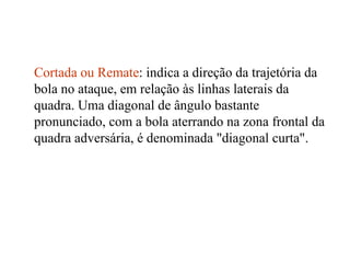Cortada ou Remate : indica a direção da trajetória da bola no ataque, em relação às linhas laterais da quadra. Uma diagonal de ângulo bastante pronunciado, com a bola aterrando na zona frontal da quadra adversária, é denominada "diagonal curta". 