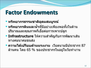Factor Endowments ทรัพยากรธรรมชาติอุดมสมบูรณ์   ทรัพยากรดินและน้ำ ที่มีอย่างเพียงพอทั้งในด้านปริมาณและคุณภาพก็เอื้อต่อการเพาะปลูก   Infrastructure  ให้ความสำคัญกับการพัฒนาเส้นทางคมนาคมขนส่ง ความได้เปรียบด้านแรงงาน    เวียดนามมีประชากร  87  ล้านคน โดย  65 %  ของประชากรในอยู่ในวัยทำงาน   