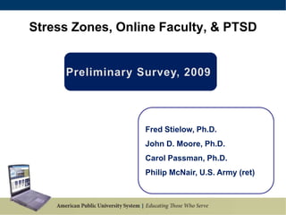 Stress Zones, Online Faculty, & PTSD Preliminary Survey, 2009  Fred Stielow, Ph.D. John D. Moore, Ph.D. Carol Passman, Ph.D. Philip McNair, U.S. Army (ret) 