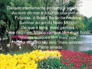 Deitado eternamente em berços esplêndidos, Ao som do mar e á luz do céu profundo, Fulguras, ó Brasil, florão da América, Iluminar ao sol do Novo Mundo! Do que a terra, mais garridas, Teus risonhos, limpos campos têm mais flores; “ Nossos bosques têm mais vida”, “ Nossa vida” no teu seio “mais amores”. Ó Pátria amada, Idolatrada, Salve!Salve! 