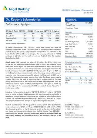 1QFY2011 Result Update | Pharmaceutical
                                                                                                                          July 23, 2010



 Dr. Reddy’s Laboratories                                                                 NEUTRAL
                                                                                          CMP                               Rs1,365
 Performance Highlights                                                                   Target Price                            -
                                                                                          Investment Period                           -
  Y/E March (Rs cr) 1QFY2011 4QFY2010 % chg (qoq) 1QFY2010 % chg (yoy)
                                                                                          Stock Info
  Net Sales                  1,683        1,642            2.5    1,819     (7.5)
                                                                                          Sector                         Pharmaceutical
  Gross Profit                 891          864            3.2    1,017   (12.4)
                                                                                          Market Cap (Rs cr)                      23,086
  Operating Profit             244          187          30.2      326    (25.2)
                                                                                          Beta                                       0.4
  Net Profit                   210          166          26.1      244    (14.1)
                                                                                          52 Week High / Low                1,515/696
  Source: Company, Angel Research
                                                                                          Avg. Daily Volume                       72,941
                                                                                          Face Value (Rs)                             5
 Dr. Reddy’s Laboratories’ (DRL) 1QFY2011 results were a mixed bag. While the
                                                                                          BSE Sensex                              18,131
 company disappointed on the US front in spite of approvals of low-competition
 products during the quarter, net profit came in higher than our estimates on the         Nifty                                    5,449
 back of better OPM and lower tax charges. The company reiterated its FY2013              Reuters Code                        REDY.BO
 guidance of US $3bn on the top-line front and RoCE of 25%. We maintain                   Bloomberg Code                     DRRD@IN
 Neutral on the stock.

 Mixed results: DRL reported net sales of Rs1,683cr (Rs1,819cr) which was                 Shareholding Pattern (%)
 in line with our expectation wherein lower sales in the US was offset by higher          Promoters                                25.7
 sales in the Russia region. The lower-than-expected sales in the US was primarily        MF / Banks / Indian Fls                  19.6
 on account of the slow pick up in new product sales and sluggish recovery in the         FII / NRIs / OCBs                        46.0
 base business post the recall in 3QFY2010. In Europe, sales de-grew by 8.2% yoy
                                                                                          Indian Public / Others                    8.7
 as the Betapharm business continues to reel under pricing pressure. However, on
 a positive note, the company successful reduced the SG&A costs by 70% yoy to
 Euro1.5mn along with increasing sourcing from India. The Russia region grew by
                                                                                          Abs. (%)                 3m       1yr      3yr
 a stellar 36.4% on the back of restocking after a sluggish FY2010. The new
                                                                                          Sensex                   2.5    19.0     15.2
 pricing policy introduced in the Russian market at the beginning of the fiscal did
                                                                                          DRL                  12.5       73.6    104.6
 not have a material impact on DRL’s product portfolio. India grew by 16.1% yoy
 on volume growth. The company launched 11 new products during the quarter in
 the domestic market.

 Excluding the Sumatriptan impact in 1QFY2010, OPM at 14.5% in 1QFY2011
 came in higher on lower SG&A expenses. DRL also improved its profitability at
 Betapharm through reduction in workforce and increase of sourcing from India.
 Overall, DRL reported net profit of Rs209.9cr (Rs244.5cr), down by 14.1% yoy.
 The company had lower tax charges on higher R&D weighted deduction.

 Outlook and Valuation: DRL has guided for revenue of US $3bn by FY2013E,                Sarabjit Kour Nangra
 which implies revenue CAGR of 24% over FY2010-13E with RoCE of 25% (c17%).              Tel: 022 – 4040 3800 Ext: 343
 Growth would be driven by the US business, up-tick on the domestic formulation          sarabjit@angeltrade.com
 and Russia, and increasing contribution from the GSK alliance. From 1QFY2011,
 the company has stopped reporting consolidated results as per Indian GAAP; we           Sushant Dalmia
 are currently reviewing our estimates as per IFRS. We maintain a Neutral on the         Tel: 022 – 4040 3800 Ext: 320

 stock.                                                                                  sushant.dalmia@angeltrade.com




Please refer to important disclosures at the end of this report                                                                       1
 