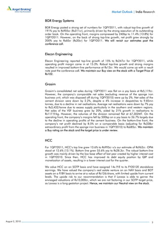 Market Outlook | India Research

                 BGR Energy Systems

                 BGR Energy posted a strong set of numbers for 1QFY2011, with robust top-line growth of
                 191% yoy to Rs905cr (Rs311cr), primarily driven by the strong execution of its outstanding
                 order book. On the operating front, margins compressed by 240bp to 11.4% (13.8%) for
                 1QFY2011. However, on the back of strong top-line growth, net profit grew strongly by
                 200% yoy to Rs60cr (Rs20cr) for 1QFY2011. We will revisit our estimates post the
                 conference call.


                 Elecon Engineering

                 Elecon Engineering reported top-line growth of 15% to Rs247cr for 1QFY2011, while
                 operating profit margin came in at 15.3%. Robust top-line growth and strong margins
                 resulted in improved bottom-line performance at Rs13cr. We would come up with a result
                 note post the conference call. We maintain our Buy view on the stock with a Target Price of
                 Rs102.


                 Grasim

                 Grasim’s consolidated net sales during 1QFY2011 was flat on a yoy basis at Rs5,119cr.
                 However, the company’s comparable net sales (excluding revenue of the sponge iron
                 business unit, which was disposed off during 1QFY2010) were up by 2%. Net sales of the
                 cement division were down by 2.2%, despite a 4% increase in despatches to 9.85mn
                 tonnes, due to a decline in net realisations. Average net realisations were down by 7% yoy
                 to Rs3,432/tonne due to excess supply particularly in the southern and western regions.
                 Net sales of the VSF business grew by 20%, aided by 21% growth in realisations to
                 Rs117.9/kg. However, the volumes of the division remained flat at 67,302MT. On the
                 operating front, the company’s margins fell by 500bp on a yoy basis to 26.7% largely due
                 to the decline in operating profits of the cement business. On the bottom-line front, the
                 company’s net profit declined by 8.5% on a comparable basis (adjusting for Rs338cr
                 extraordinary profit from the sponge iron business in 1QFY2010) to Rs685cr. We maintain
                 a Buy rating on the stock and the target price is under review.


                 HCC

                 For 1QFY2011, HCC’s top line grew 13.6% to Rs995cr v/s our estimate of Rs962cr. OPM
                 stood at 12.6% (13.1%). Bottom line grew 55.6% yoy to Rs28.3cr. The robust bottom-line
                 growth was mainly driven by the low base effect of last year created by higher interest cost
                 in 1QFY2010. Since then, HCC has improved its debt equity position by QIP and
                 monetization of assets, resulting in a lower interest cost for the quarter.

                 We value HCC on an SOTP basis and have assigned 14x P/E to its FY2012E standalone
                 earnings. We have valued the company’s real estate venture on an NAV basis and BOT
                 assets on a P/BV basis to arrive at a value of Rs126/share, with limited upside from current
                 levels. The upside risk to our recommendation is that if Lavasa is able to garner the
                 envisaged valuations of Rs10,000cr, which we are not factoring in our SOTP target price,
                 as Lavasa is a long gestation project. Hence, we maintain our Neutral view on the stock.




August 2, 2010                                                                                             3
 