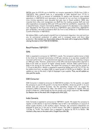 Market Outlook | India Research


                 EBITDA grew by 973.2% yoy to Rs49.8cr as margins expanded to 23.0% from 5.0% in
                 1QFY2010. Raw material costs as a percentage of sales declined from 77.1% in
                 1QFY2010 to 60.7% on account of availability of captive coal (Karwahi mine started
                 operations in 3QFY2010) and resumption of shipment of iron ore from its Dongarbore
                 mine (mining operations were disrupted last year due to Naxal problem). SEML also
                 imported ferro alloy and manganese ore (Rs29.5cr) for trading purpose Staff cost and
                 other expenditure increased by 50% and 177% yoy to Rs7.5cr and Rs27cr, respectively. On
                 a sequential basis, margins improved by 304bp on account of a decrease in raw material
                 cost. Adjusted for the Forex loss of Rs13.7cr (1QFY2010: gain of Rs12.5cr; 4QFY2010:
                 gain of Rs4.8cr); net profit increased to Rs27.5cr from a loss of Rs6.5cr in 1QFY2010 and
                 a profit of Rs16.6cr in 4QFY2010.

                 We believe SEML is well poised to benefit from a) backward integration into coal and iron
                 ore, b) commercial production of pellets and c) increased power and ferro alloy
                 production. We maintain our Accumulate rating on the stock with a target price of Rs290,
                 valuing the stock at 5.0x FY2012E EV/EBITDA.



                 Result Previews-1QFY2011

                 GAIL

                 GAIL is expected to announce its 1QFY2011 results. The company’s performance is likely
                 to be driven by increased transmission of KG gas volumes on a yoy basis coupled with
                 improved performance in the petrochemical segment and benefits of marketing margins
                 on APM gas sales. However, performance of the LPG and liquid hydrocarbon segment is
                 likely to be weak on account of higher subsidy burden. Overall, GAIL's performance is
                 likely to be strong for the quarter. We expect the company to report top-line growth of
                 7.1% yoy to Rs6,451cr. Margin is expected to expand by 445bp yoy to 22.1% (15.7%). On
                 the bottom-line front, we expect GAIL to report growth of 34.2% yoy to Rs881cr. We will
                 update our view on the stock in light of slippages in gas supplies. Thus, we will update our
                 view post the results.


                 GSK Consumer

                 GSK Consumer is slated to announce its 2QCY2010 numbers. For the quarter, we expect
                 the company to post 21.5% growth in its top line to Rs570cr, driven by growth in its core
                 brands and new product launches. On the operating margin front, we expect the
                 company’s OPM to decrease by 16bp. The bottom line is expected to register 20% yoy
                 growth to Rs66.4cr, aided largely by top-line growth and margin expansion. We maintain
                 our Reduce view on the stock with a target price of Rs1,622.


                 India Cements
                 India Cements is expected to announce its 1QFY2011 results. We expect the company to
                 register a 2.5% decline in top line to Rs936cr due to fall in net realisations on account of
                 excess supply situation in the southern region. However, the company’s despatches are
                 expected to grow by 11.5% yoy to 2.74mn tonnes. The OPM is expected to decline by
                 1,615bp to 14.4%. The bottom line is expected to decline by 59.1% to Rs53cr. We
                 maintain a Buy view on the stock with a Target Price of Rs138.




August 2, 2010                                                                                             6
 