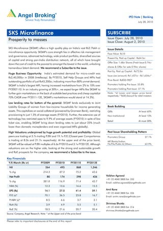 IPO Note | Banking
                                                                                                                             July 28, 2010



 SKS Microfinance                                                                          SUBSCRIBE
                                                                                           Issue Open: July 28, 2010
 Prosperity to masses                                                                      Issue Close: August 2, 2010

 SKS Microfinance (SKSMF) offers a high quality play on India's vast Rs2.7lakh cr          Issue Details
 microfinance opportunity. SKSMF's core strength lies in effective risk management
                                                                                           Face Value: Rs10
 and governance, advanced technology, wide product portfolio, diversified sources
                                                                                           Present Eq. Paid up Capital : Rs64.5cr
 of capital and strong pan-India distribution network, all of which have brought
                                                                                           Offer Size: 1.68cr Shares (Fresh Issue 0.74cr
 down the cost of credit to the poorest to amongst the lowest in the world, unlocking
 tremendous latent demand. We recommend a Subscribe to the issue.                          shares & Offer for sale 0.94cr shares)
                                                                                           Post Eq. Paid up Capital : Rs72.0cr
 Huge Business Opportunity: India’s estimated demand for micro-credit was
                                                                                           Issue size (amount): Rs1,427cr - Rs1,654cr*
 Rs2,40,000cr in 2008 (Intellecap). By FY2010, Self Help Groups and MFIs had
                                                                                           Price Band: Rs850-985#
 outstanding portfolio of just Rs45,200cr, indicating more than 80% unmet demand.
 SKSMF is India’s largest MFI, having increased marketshare from 2% to 10% over            Promoters holding Pre-Issue: 55.8%

 FY2007-10. In an industry growing at 30%+, we expect larger MFIs like SKSMF to            Promoters holding Post-Issue: 37.1%
 further gain marketshare on the back of scalable best practices and cheap capital(at      Note: *at Lower and Upper price band
                                                                                           respectively; # Rs50 discount for retail investors
 70% CAGR over FY2011-12E, SKSMF's marketshare would stand at 14.3%).

 Low lending rates for bottom of the pyramid: SKSMF lends exclusively to Joint
 Liability Groups of women from low-income households for income generating                Book Building
 assets. This capitalizes on social collateral (pioneered by Grameen Bank), restricting    QIBs                               At least 60%
 provisioning to just 1.5% of average assets (FY2010). Further, the extensive use of       Non-Institutional                  At least 10%
 technology has restricted opex to 9.9% of average assets (FY2010) in spite of low
                                                                                           Retail                             At most 30%
 ticket size, enabling SKSMF bring down lending rates to just about 25% (much
 lower than domestic moneylenders and even organized MFIs globally).

 High Valuations underpinned by huge growth potential and profitability: Global
      Valuations                                                                           Post Issue Shareholding Pattern
 peers are trading at 3.7x trailing P/BV and 19.1x P/E (Closest peer Compartamos           Promoters Group                           37.1%
 is trading at 8.0x and 21.7x respectively). At the upper end of the price band,           MF/Banks/Indian
 SKSMF will be valued at P/BV multiples of 6.6x FY2010 and 3.1x FY2012E. Although          FIs/FIIs/Public & Others                  62.9%
 valuations are on the higher side, looking at the strong and sustainable growth
 and RoE prospects for the company, we recommend a Subscribe to the issue.

Key Financials
 Y/E March (Rs cr)                FY2009         FY2010         FY2011E       FY2012E
  NII                                 264            495              868       1,246
  % chg                             214.3            87.3            75.2        43.6
      Profit
  Net Profit                            80           174              298        426      Vaibhav Agrawal
                                                                                          +91 22 4040 3800 Ext: 333
  % chg                             381.8          116.9             71.4        42.7
                                                                                          Email: vaibhav.agrawal@angeltrade.com
  NIM (%)                             12.3           13.6            16.6        15.5
  EPS (Rs)                            14.1           27.0            41.4        59.1     Amit Rane
                                                                                          +91 22 4040 3800 Ext: 326
  P/E (x)*                            70.1           36.5            23.8        16.7     Email: amitn.rane@angeltrade.com
  P/ABV (x)*                           8.5            6.6              3.7        3.1
  RoA (%)                              3.9            4.9              5.5        5.1     Shrinivas Bhutda
                                                                                          +91 22 4040 3800 Ext: 316
  RoE (%)                             18.5           21.6            20.7        20.4     shrinivas.bhutda@angeltrade.com
Source: Company, Angel Research; Note: * at the Upper end of the price band


Please refer to important disclosures at the end of this report
 