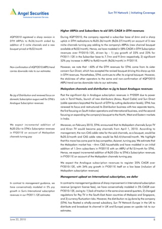 Sun TV Network | Initiating Coverage




                                               Higher ARPUs and Subscribers to aid 58% CAGR in DTH revenues

4QFY2010 registered a sharp revision in        During 4QFY2010, the company reported a subscriber base of 6mn and a sharp
DTH ARPUs to Rs36/month aided by               uptick in DTH realizations to Rs35-36/month (Rs26-27/month) on account of 5 new
addition of 5 niche channels and a new         niche channels turning pay adding to the company's ARPUs (new channel bouquet
bouquet priced at Rs52/month                   available at Rs52/month). Hence, we have modeled in 58% CAGR in DTH Subscription
                                               revenues over FY2010-12E, driven by - 1) yoy growth of 33% and 23% for
                                               FY2011-12E in the Subscriber base to 7.7mn and 9.5mn respectively, 2) significant
                                               52% yoy increase in ARPU to Rs40/month (Rs26/month) in FY2011E.

Non-confirmation of 4QFY2010 ARPU trend        However, we note that ~60% of the DTH revenues for STNL come from its sister
carries downside risks to our estimates        concern Sun Direct, which has accepted the revised bouquet driving this sharp up-tick
                                               in DTH revenues. Nonetheless, STNL continues to offer its original bouquet. However,
                                               the stickiness of other operators to the same and non-confirmation of 4QFY2010
                                               ARPU trend carries downside risks to our estimates.

                                               Malayalam channels and distribution re-jig to boost Analogue revenues

Re-jig of Distribution and renewed focus on    Post the significant dip in Analogue subscription revenues in FY2009 due to power
domestic Subscription augurs well for STNL's   cuts in Tamil Nadu, launch of new distributors (Arasu, Royal Cable) and Sun Direct
Analogue Subscription revenues                 (cable operators boycotted the launch of DTH by cutting declaration levels), STNL has
                                               renewed its focus and restructured its Distribution business with two separate teams,
                                               the first focusing on South Indian operations and International business, and the second
                                               focusing on expanding the company's bouquet to the North, West and Eastern markets
                                               in India.

We expect incremental addition of              Moreover, on February 2010, STNL announced that its Malayalam channels Surya TV
Rs20-25cr to STNL's Subscription revenues      and Kiran TV would become pay channels from April 1, 2010. According to
in FY2011E on account of Malayalam             management, the non-CAS cable rates for the said channels, as a bouquet, would be
channels turning pay                           Rs20.3/month and CAS cable rates would be Rs5.4/channel/month. We highlight
                                               that this move has come post its key competitor, Asianet, turning pay. We estimate that
                                               the Malayalam market has ~4mn C&S households and have modeled in an initial
                                               addition of 1.5mn subscribers in FY2011E with an ARPU of Rs15/month for STNL.
                                               Hence, we expect incremental addition of Rs20-25cr to STNL's Subscription revenues
                                               in FY2011E on account of the Malayalam channels turning pay.

                                               We expect the Analogue subscription revenues to register 20% CAGR over
                                               FY2010-12E, with 34% yoy growth in FY2011E itself on a low base (inclusion of
                                               Malayalam subscription revenues)

                                               Management upbeat on International subscription, we defer

In contrast to management guidance, we         In contrast to management guidance of sharp improvement in International subscription
have conservatively modeled in 5% yoy          revenue (program license fees), we have conservatively modeled in 5% CAGR over
growth in Sun's International subscription     FY2010-12E, owing to: 1) lack of traction in the same since several quarters, 2) changed
revenues in our FY2011-12E estimates           regulations for Pay TV in the South-East Asian countries of Malaysia and Singapore,
                                               and 3) currency fluctuation risks. However, the distribution re-jig done by the company
                                               (STNL has floated a wholly-owned subsidiary, Sun TV Network Europe in the UK to
                                               distribute and broadcast its channel in UK and Europe) poses an upside risk to our
                                               estimates.


June 22, 2010                                                                                                                        8
 
