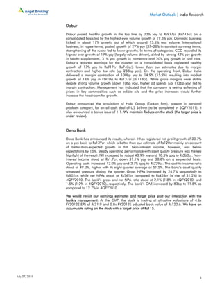 Market Outlook | India Research

                Dabur

                Dabur posted healthy growth in the top line by 23% yoy to Rs917cr (Rs743cr) on a
                consolidated basis led by the highest-ever volume growth of 19.5% yoy. Domestic business
                kicked in about 17% growth, out of which around 15.5% was volume. International
                business, in rupee terms, posted growth of 29% yoy (37–38% in constant currency terms,
                strengthening of the rupee led to lower growth). In terms of categories, CCD recorded its
                highest-ever growth of 19% yoy (largely volume driven), aided by strong 43% yoy growth
                in health supplements, 31% yoy growth in homecare and 20% yoy growth in oral care.
                Dabur’s reported earnings for the quarter on a consolidated basis registered healthy
                growth of 17% yoy to Rs917cr (Rs743cr), lower than our estimates due to margin
                contraction and higher tax rate (up 238bp yoy). On the operating front, Dabur India
                delivered a margin contraction of 100bp yoy to 14.9% (15.9%) resulting into modest
                growth of 16% yoy in EBITDA to Rs137cr (Rs118cr). While gross margins were stable
                despite strong volume growth (down 10bp yoy), higher ad spends (up 113bp yoy) led to
                margin contraction. Management has indicated that the company is seeing softening of
                prices in key commodities such as edible oils and the price increases would further
                increase the headroom for growth.

                Dabur announced the acquisition of Hobi Group (Turkish firm), present in personal
                products category, for an all cash deal of US $69mn (to be completed in 3QFY2011). It
                also announced a bonus issue of 1:1. We maintain Reduce on the stock (the target price is
                under review).



                Dena Bank

                Dena Bank has announced its results, wherein it has registered net profit growth of 20.7%
                on a yoy basis to Rs139cr, which is better than our estimate of Rs120cr mainly on account
                of better-than-expected growth in NII. Non-interest income, however, was below
                expectations by 15%. Steady operating performance with asset quality pressure was the key
                highlight of the result. NII increased by robust 43.9% yoy and 10.5% qoq to Rs360cr. Non-
                interest income stood at Rs1.7cr, down 31.1% yoy and 38.8% on a sequential basis.
                Operating costs increased 12.0% yoy and 3.7% qoq to Rs229cr. The cost-to-income ratio
                stood at 49.0%, higher with its eight-quarter average of 51.5%. The bank’s asset quality
                witnessed pressure during the quarter. Gross NPAs increased by 24.7% sequentially to
                Rs801cr, while net NPAs stood at Rs561cr compared to Rs428cr (a rise of 31.2%) in
                4QFY2010. The bank’s gross and net NPA ratio stood at 2.1% (1.8% in 4QFY2010) and
                1.5% (1.2% in 4QFY2010), respectively. The bank’s CAR increased by 83bp to 11.8% as
                compared to 12.7% in 4QFY2010.

                We would revisit our earnings estimates and target price post our interaction with the
                bank’s management. At the CMP, the stock is trading at attractive valuations of 4.6x
                FY2012E EPS of Rs21.9 and 0.8x FY2012E adjusted book value of Rs120.6. We have an
                Accumulate rating on the stock with a target price of Rs115.




July 27, 2010                                                                                          3
 