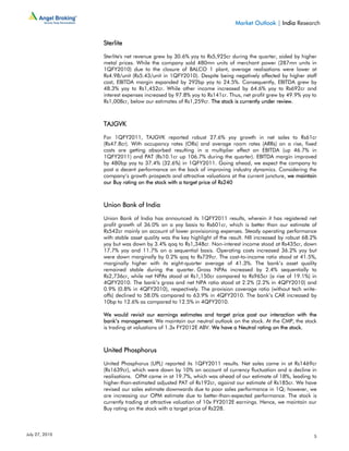 Market Outlook | India Research


                Sterlite

                Sterlite's net revenue grew by 30.6% yoy to Rs5,925cr during the quarter, aided by higher
                metal prices. While the company sold 480mn units of merchant power (287mn units in
                1QFY2010) due to the closure of BALCO 1 plant, average realisations were lower at
                Rs4.98/unit (Rs5.43/unit in 1QFY2010). Despite being negatively affected by higher staff
                cost, EBITDA margin expanded by 292bp yoy to 24.5%. Consequently, EBITDA grew by
                48.3% yoy to Rs1,452cr. While other income increased by 64.6% yoy to Rs692cr and
                interest expenses increased by 97.8% yoy to Rs141cr. Thus, net profit grew by 49.9% yoy to
                Rs1,008cr, below our estimates of Rs1,259cr. The stock is currently under review.



                TAJGVK

                For 1QFY2011, TAJGVK reported robust 27.6% yoy growth in net sales to Rs61cr
                (Rs47.8cr). With occupancy rates (ORs) and average room rates (ARRs) on a rise, fixed
                costs are getting absorbed resulting in a multiplier effect on EBITDA (up 46.7% in
                1QFY2011) and PAT (Rs10.1cr up 106.7% during the quarter). EBITDA margin improved
                by 480bp yoy to 37.4% (32.6%) in 1QFY2011. Going ahead, we expect the company to
                post a decent performance on the back of improving industry dynamics. Considering the
                company’s growth prospects and attractive valuations at the current juncture, we maintain
                our Buy rating on the stock with a target price of Rs240



                Union Bank of India

                Union Bank of India has announced its 1QFY2011 results, wherein it has registered net
                profit growth of 36.0% on a yoy basis to Rs601cr, which is better than our estimate of
                Rs542cr mainly on account of lower provisioning expenses. Steady operating performance
                with stable asset quality was the key highlight of the result. NII increased by robust 68.2%
                yoy but was down by 3.4% qoq to Rs1,348cr. Non-interest income stood at Rs435cr, down
                17.7% yoy and 11.7% on a sequential basis. Operating costs increased 36.2% yoy but
                were down marginally by 0.2% qoq to Rs739cr. The cost-to-income ratio stood at 41.5%,
                marginally higher with its eight-quarter average of 41.3%. The bank’s asset quality
                remained stable during the quarter. Gross NPAs increased by 2.4% sequentially to
                Rs2,736cr, while net NPAs stood at Rs1,150cr compared to Rs965cr (a rise of 19.1%) in
                4QFY2010. The bank’s gross and net NPA ratio stood at 2.2% (2.2% in 4QFY2010) and
                0.9% (0.8% in 4QFY2010), respectively. The provision coverage ratio (without tech write-
                offs) declined to 58.0% compared to 63.9% in 4QFY2010. The bank’s CAR increased by
                10bp to 12.6% as compared to 12.5% in 4QFY2010.

                We would revisit our earnings estimates and target price post our interaction with the
                bank’s management. We maintain our neutral outlook on the stock. At the CMP, the stock
                is trading at valuations of 1.3x FY2012E ABV. We have a Neutral rating on the stock.



                United Phosphorus

                United Phosphorus (UPL) reported its 1QFY2011 results. Net sales came in at Rs1469cr
                (Rs1639cr), which were down by 10% on account of currency fluctuation and a decline in
                realisations. OPM came in at 19.7%, which was ahead of our estimate of 18%, leading to
                higher-than-estimated adjusted PAT of Rs192cr, against our estimate of Rs185cr. We have
                revised our sales estimate downwards due to poor sales performance in 1Q; however, we
                are increasing our OPM estimate due to better-than-expected performance. The stock is
                currently trading at attractive valuation of 10x FY2012E earnings. Hence, we maintain our
                Buy rating on the stock with a target price of Rs228.



July 27, 2010                                                                                             5
 