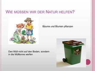 WiemüssenwirderNaturhelfen?Bäume und BlumenpflanzenDen Müllnicht auf den Boden, sondern in die Mülltonnewerfen