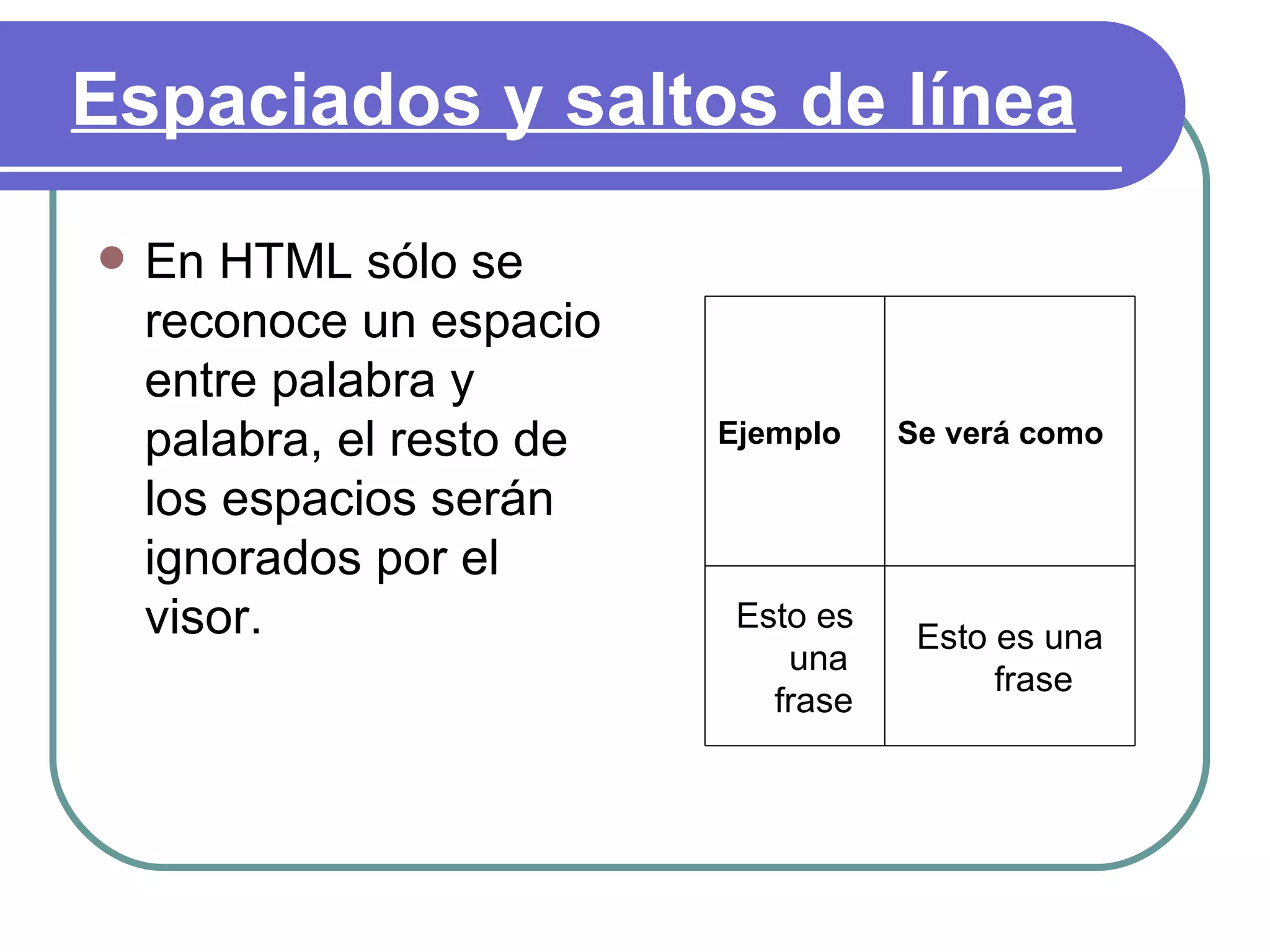 Espaciados y saltos de línea
   En HTML sólo se
    reconoce un espacio
    entre palabra y
    palabra, el resto de   Ejemplo    Se verá como

    los espacios serán
    ignorados por el
    visor.                  Esto es
                                       Esto es una
                               una
                                            frase
                              frase
 