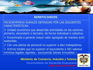 MICROEMPRESA RURALES DEFINIDAS POR LAS SIGUIENTES CARACTERÍSTICAS : Unidad económica que desarrolla actividades en los sectores primario, secundario o terciario, de forma individual o colectiva. E ncaminada a generar mayor valor agregado de manera auto sostenible. Con una planta de personal no superior a diez trabajadores. Activos totales que no superen el equivalente a 501 salarios mínimos legales vigentes - excluyendo bienes inmuebles –   BENEFICIARIOS  