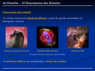 As Estrelas - O Nascimento das Estrelas

Como nasce uma estrela?

As estrelas nascem nas nebulosas difusas, a partir de grandes quantidades de
hidrogénio e poeiras.




 Nebulosa Cabeça de Cavalo             Nebulosa Olho de Gato                       Nebulosa M17
                             (Fotografia tirada pelo telescópio espacial Hubble)


As nebulosas difusas são consideradas o berço das estrelas.
 
