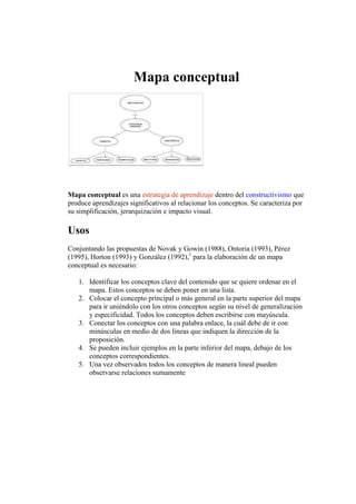 Mapa conceptual<br />Mapa conceptual es una estrategia de aprendizaje dentro del constructivismo que produce aprendizajes significativos al relacionar los conceptos. Se caracteriza por su simplificación, jerarquización e impacto visual.<br />Usos<br />Conjuntando las propuestas de Novak y Gowin (1988), Ontoria (1993), Pérez (1995), Horton (1993) y González (1992),[1] para la elaboración de un mapa conceptual es necesario:<br />Identificar los conceptos clave del contenido que se quiere ordenar en el mapa. Estos conceptos se deben poner en una lista. <br />Colocar el concepto principal o más general en la parte superior del mapa para ir uniéndolo con los otros conceptos según su nivel de generalización y especificidad. Todos los conceptos deben escribirse con mayúscula. <br />Conectar los conceptos con una palabra enlace, la cuál debe de ir con minúsculas en medio de dos líneas que indiquen la dirección de la proposición. <br />Se pueden incluir ejemplos en la parte inferior del mapa, debajo de los conceptos correspondientes. <br />Una vez observados todos los conceptos de manera lineal pueden observarse relaciones sumamente<br />