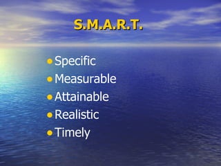 S.M.A.R.T.   <ul><li>Specific </li></ul><ul><li>Measurable </li></ul><ul><li>Attainable </li></ul><ul><li>Realistic </li><...