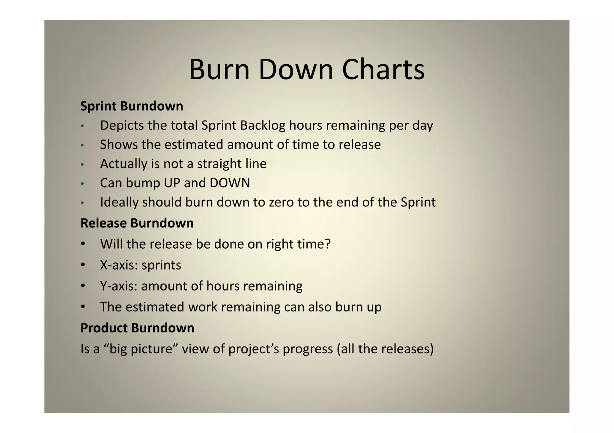 Burn Down Charts
Sprint Burndown
• Depicts the total Sprint Backlog hours remaining per day
• Shows the estimated amount of time to release
• Actually is not a straight line
• Can bump UP and DOWN
• Ideally should burn down to zero to the end of the Sprint
Release Burndown
• Will the release be done on right time?
• X-axis: sprints
• Y-axis: amount of hours remaining
• The estimated work remaining can also burn up
Product Burndown
Is a “big picture” view of project’s progress (all the releases)
 