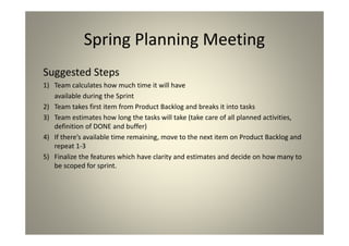 Spring Planning Meeting
Suggested Steps
1) Team calculates how much time it will have
available during the Sprint
2) Team takes first item from Product Backlog and breaks it
into tasks
3) Team estimates how long the tasks will take (take care
of all planned activities, definition of DONE and buffer)
4) If there’s available time remaining, move to the next
item on Product Backlog and repeat 1-3
5) Finalize the features which have clarity and estimates
and decide on how many to be scoped for sprint.
 
