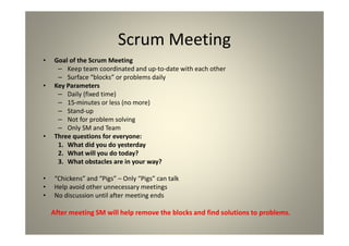 Scrum Meeting
Goal of the Scrum Meeting
Keep team coordinated and up-to-date with each other
Surface “blocks” or problems daily
Key Parameters
Daily (fixed time)
15-minutes or less (no more)
Stand-up
Not for problem solving
Only SM and Team
Three questions for everyone:
1. What did you do yesterday
2. What will you do today?
3. What obstacles are in your way?
“Chickens” and “Pigs” – Only “Pigs” can talk
Help avoid other unnecessary meetings
No discussion until after meeting ends
After meeting SM will help remove the blocks and find solutions to problems.
 