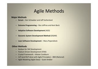 Agile Methods
Major Methods
Scrum – Ken Schwaber and Jeff Sutherland
Extreme Programming – Ron Jeffries and Kent Beck
Adap...