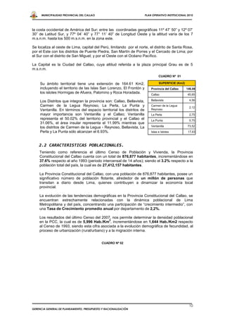 MUNICIPALIDAD PROVINCIAL DEL CALLAO                               PLAN OPERATIVO INSTITUCIONAL 2010




la costa occidental de América del Sur; entre las coordinadas geográficas 11º 47’ 50” y 12º 07’
30” de Latitud Sur, y 77º 04’ 40” y 77° 11’ 40” de Longitud Oeste y la altitud varía de los 7
m.s.n.m. hasta los 500 m.s.n.m. en la zona este.

Se localiza al oeste de Lima, capital del Perú, limitando por el norte, el distrito de Santa Rosa,
por el Este con los distritos de Puente Piedra, San Martín de Porres y el Cercado de Lima; por
el Sur con el distrito de San Miguel; y por el Oeste con el Océano Pacífico.

La Capital es la Ciudad del Callao, cuya altitud referida a la plaza principal Grau es de 5
m.s.n.m.
                                                                                  CUADRO Nº 01

     Su ámbito territorial tiene una extensión de 164.61 Km2,                     SUPERFICIE (Km2)
     incluyendo el territorio de las Islas San Lorenzo, El Frontón y        Provincia del Callao     146,98
     los islotes Hormigas de Afuera, Palomino y Roca Horadada.              Callao                   45,65

     Los Distritos que integran la provincia son: Callao, Bellavista,       Bellavista                4,56
     Carmen de la Legua Reynoso, La Perla, La Punta y                       Carmen de la Legua
                                                                                                      2,12
     Ventanilla. En términos del espacio territorial los distritos de       Reynoso
     mayor importancia son Ventanilla y el Callao; Ventanilla               La Perla                  2,75
     representa el 50.02% del territorio provincial y el Callao el          La Punta                  0,75
     31.06%, el área insular representa el 11.99% mientras que
     los distritos de Carmen de la Legua - Reynoso, Bellavista, La          Ventanilla               73,52
     Perla y La Punta sólo alcanzan el 6.93%.                               Islas e Islotes           17,63



    2.2 CARACTERISTICAS POBLACIONALES.
    Teniendo como referencia el último Censo de Población y Vivienda, la Provincia
    Constitucional del Callao cuenta con un total de 876,877 habitantes, incrementándose en
    37.6% respecto al año 1993 (periodo intercensal de 14 años); siendo el 3.2% respecto a la
    población total del país, la cual es de 27,412,157 habitantes.

    La Provincia Constitucional del Callao, con una población de 876,877 habitantes, posee un
    significativo número de población flotante, alrededor de un millón de personas que
    transitan a diario desde Lima, quienes contribuyen a dinamizar la economía local
    provincial.

    La evolución de las tendencias demográficas en la Provincia Constitucional del Callao, se
    encuentran estrechamente relacionadas con la dinámica poblacional de Lima
    Metropolitana y del país, concentrando una participación de “crecimiento intermedio”, con
    una Tasa de Crecimiento promedio anual por departamento de 2,2%.

    Los resultados del último Censo del 2007, nos permite determinar la densidad poblacional
                                             2
    en la PCC, la cual es de 5,996 Hab./Km , incrementándose en 1,644 Hab./Km2 respecto
    al Censo de 1993, siendo esta cifra asociada a la evolución demográfica de fecundidad, al
    proceso de urbanización (rural/urbano) y a la migración interna.


                                             CUADRO Nº 02




                                                                                                      10
GERENCIA GENERAL DE PLANEAMIENTO, PRESUPUESTO Y RACIONALIZACIÓN
 