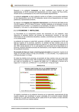 MUNICIPALIDAD PROVINCIAL DEL CALLAO                                    PLAN OPERATIVO INSTITUCIONAL 2010




    Respecto a la población inmigrante, es decir, residentes que nacieron en otro
    departamento, el 35.5% proviene del departamento de Lima, seguido de Piura (8.9%),
    Ancash (8.5%) y Lambayeque (5.3%) como los principales departamentos.

    La población emigrante, es decir población nacida en el Callao y se encuentra residiendo
    en otro departamento, es de 147,115 habitantes, siendo Lima el departamento con mayor
    preferencia, representando el 85.6%.

    En relación a los hogares con migración internacional, en la Provincia del Callao de los
    216,252 hogares, el 15.3% tienen al menos 1 familiar residiendo en el extranjero; de este
    porcentaje el 10.7% tiene 1 o 2 miembros en el extranjero, 3% tiene 3 o 4 miembros en el
    extranjero y 1.6% tiene 5 o más familiares residiendo en el extranjero.

    2.2.3 FECUNDIDAD Y MORTALIDAD.
    La Fecundidad es el componente positivo del crecimiento de una población, hace
    referencia al resultado efectivo del proceso de reproducción humana, el cual esta
    relacionada con las condiciones educativas, sociales y económicas que rodean a la mujer
    y a su propia pareja.

    La población de mujeres en edad fértil, asciende a 249,680, que representa el 55.9% del
    total de mujeres en la provincia, asimismo, la cantidad de hijos nacidos vivos es de
    346,726; obteniendo un promedio de hijos por mujer de 1.4, cifra menor a la obtenida en el
    año 1993, donde alcanzo el 1.6, lo cual significa una disminución de la fecundidad en la
    provincia, situación asociada al proceso de urbanización y a los mejores niveles educativos
    de la población femenina.

    El promedio de hijos por mujer a nivel de grupos de edad es el siguiente: mujeres en el
    rango 15 a 24 años, menor a un hijo; 25 a 29 años, 1.1; 30 a 34 años, 1.6 y mujeres de 35
    a 49 años de edad, 2 o 3 hijos.

    En todos los distritos de la provincia, el promedio de hijos nacidos vivos por mujer esta
    disminuyendo en relación al año 1993. El distrito que presenta mayor el promedio de hijos
    por mujer es Ventanilla con 1.6, seguido del Callao con 1.3, Bellavista y Carmen de la
    Legua con 1.2 cada uno, La Perla con 1.1 y La Punta con 1.0 hijo por mujer.

                                                   GRAFICO Nº 08

                          PROVINCIA CONSTITUCIONAL DEL CALLAO: NÚMERO PROMEDIO DE
                           HIJOS NACIDOS VIVOS POR MUJER, SEGÚN DISTRITO, 1993 Y 2007

                   1993     2007
                                                                                    1,6
                                     Ventanilla                                              1,9
                                                                    1,0
                                      La Punta                         1,1
                                                                       1,1
                                      La Perla                             1,3
                                                                         1,2
                Carmen de la Legua Reynoso                                       1,5
                                                                         1,2
                                     Bellavista                            1,3
                                                                           1,3
                                        Callao                                         1,7

                  Fuente: INEI Censos Nacionales


    Un aspecto importante en la población femenina es la maternidad, especialmente de las
    mujeres solteras, que constituyen un grupo vulnerable. En la provincia existen 354,845
    mujeres de 12 y más años de edad, de las cuales el 64.7% son madres, es decir 229,530;
    de esta cifra el 9.6% son madres solteras.




                                                                                                           15
GERENCIA GENERAL DE PLANEAMIENTO, PRESUPUESTO Y RACIONALIZACIÓN
 