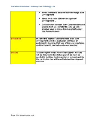 EDLD 5352 Instructional Leadership: The Technology Link


                                    •   Mimio Interactive Studio Notebook Usage Staff
                                        Development

                                    •   Texas Web Tutor Software Usage Staff
                                        Development. .

                                    •   Collaboration between Math Core members and
                                        District Math Coordinator to come up with
                                        creative ways to infuse the above technology
                                        into the curriculum.



Evaluation                       In a effort to appraise the worthiness of all staff
                                 development activities evaluation will focus on
                                 participant’s learning, their use of the new knowledge
                                 and the impact it has had on student learning.



Results                          The action plan will be revisited bi-weekly. Results
                                 will be documented and changes will be made as
                                 needed to facilitate the integration of technology into
                                 the curriculum that will benefit student learning and
                                 success.




Page 11 – Revised October 2009
 