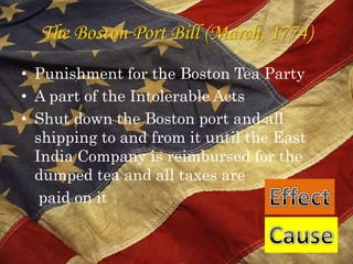 The Boston Port Bill (March, 1774) Punishment for the Boston Tea PartyA part of the Intolerable ActsShut down the Boston port and all shipping to and from it until the East India Company is reimbursed for the dumped tea and all taxes are      paid on itEffectCause