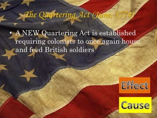 The Quartering Act (June, 1774)A NEW Quartering Act is established requiring colonists to once again house and feed British soldiersEffectCause