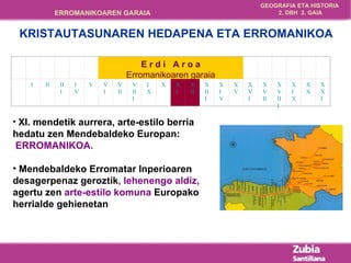 XI.   mendetik aurrera, arte-estilo berria hedatu zen Mendebaldeko Europan:  ERROMANIKOA. Mendebaldeko Erromatar Inperioaren desagerpenaz geroztik , lehenengo aldiz,  agertu zen  arte-estilo komuna  Europako herrialde gehienetan KRISTAUTASUNAREN HEDAPENA ETA ERROMANIKOA             E r d i  A r o a Erromanikoaren garaia               I II III IV V VI VII VIII IX X XI XII XIII XIV XV XVI XVII XVIII XIX XX XXI 