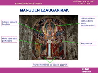 MARGOEN EZAUGARRIAK Itxura eskematikoa eta postura gogorrak Pertsona batzuk besteak baino askoz handiagoak dira Kolore biziak Ez dago paisairik hondoan Marra beltz lodia perfilatzeko 