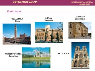 UNIBERTSITATEA Cambridge UDALETXEA Siena LONJA Valentzia JAUREGIA Guadalajara KATEDRALA Erakin motak 