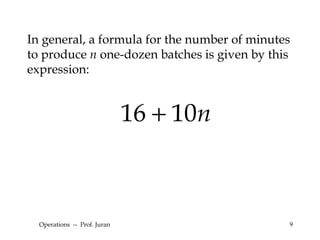 Operations  --  Prof. Juran In general, a formula for the number of minutes to produce  n  one-dozen batches is given by this expression: 