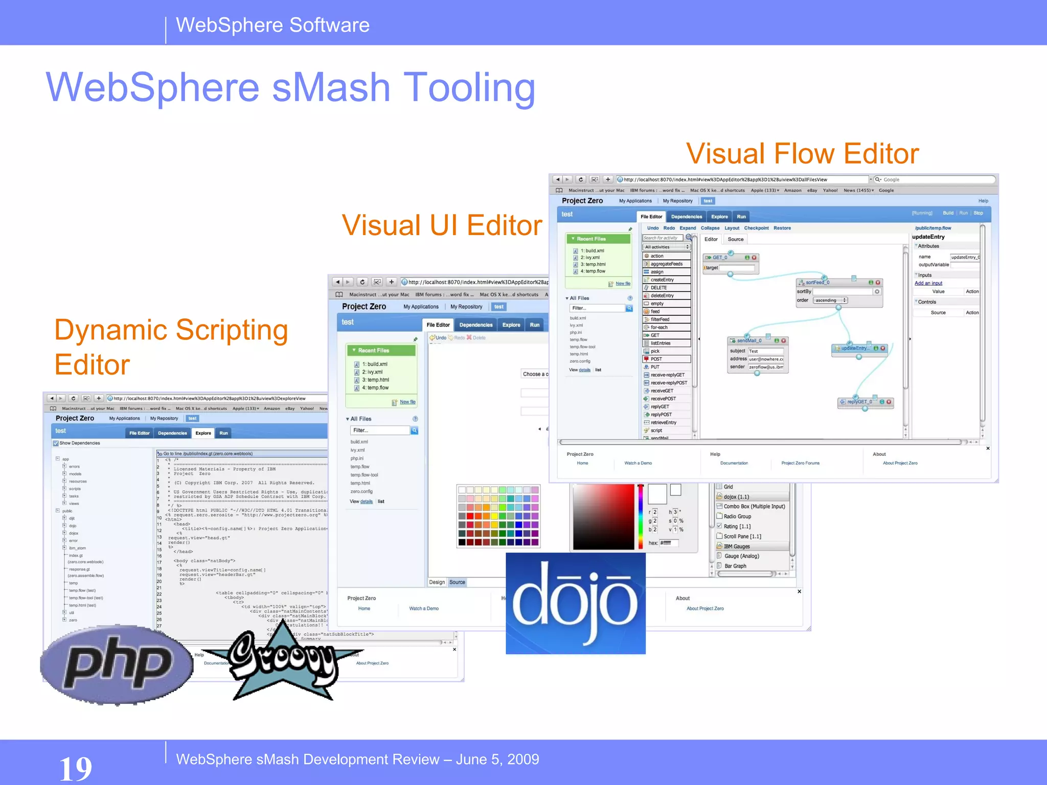 WebSphere sMash Tooling Dynamic Scripting Editor Visual UI Editor Visual Flow Editor 