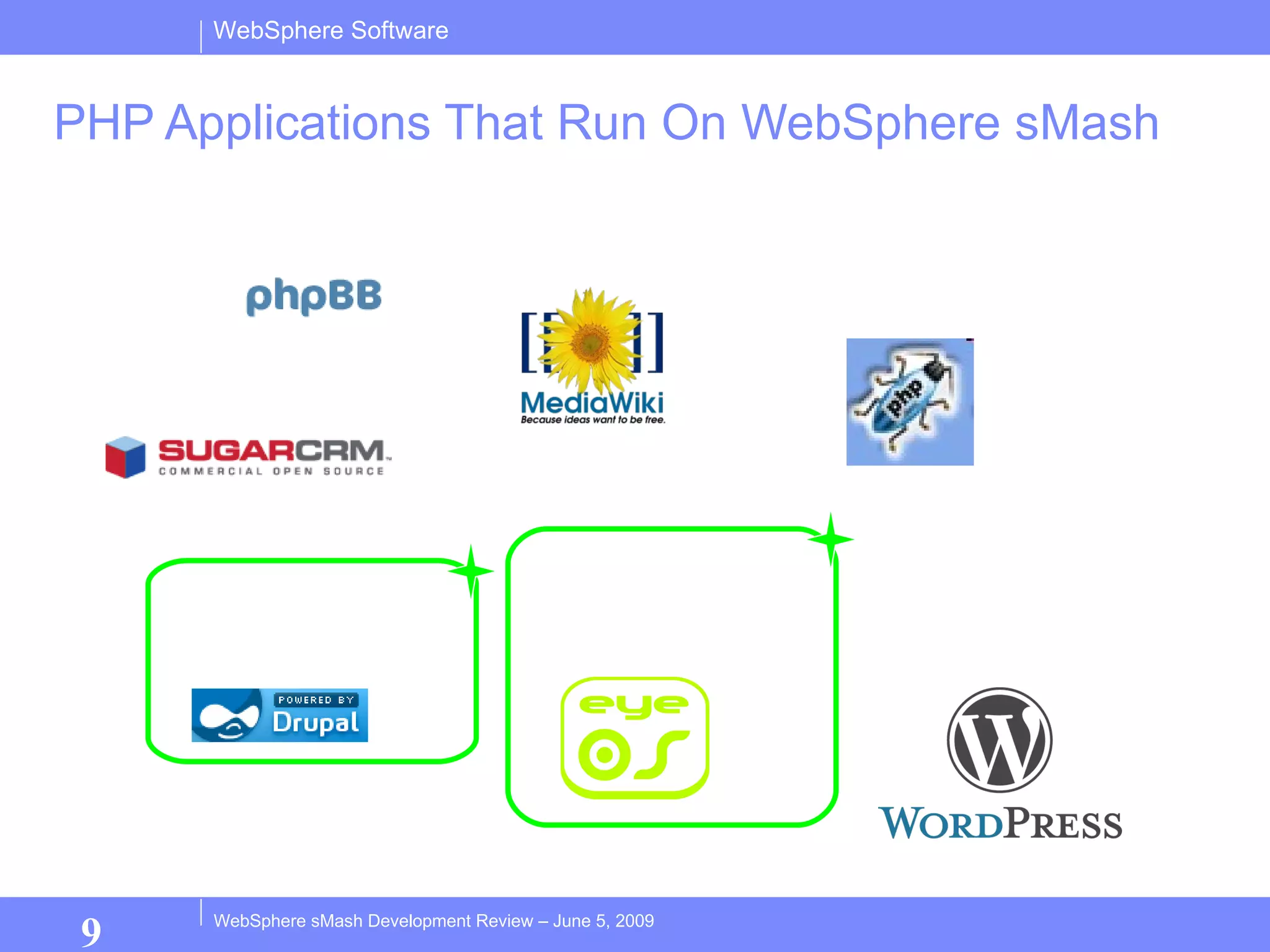 PHP Applications That Run On WebSphere sMash Forums CRM wiki Desktop Virtualisation Ajax Debugging Content Management Blogging FirePHP 