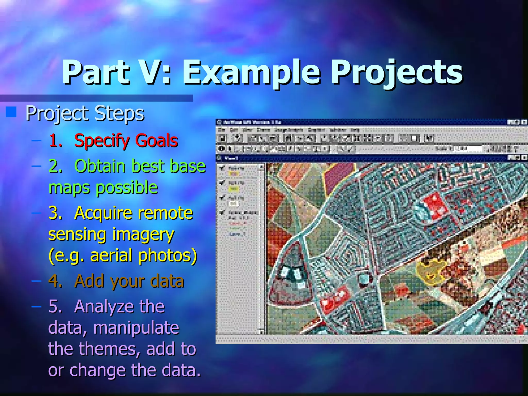 Part V: Example Projects Project Steps 1.  Specify Goals 2.  Obtain best base maps possible 3.  Acquire remote sensing imagery (e.g. aerial photos) 4.  Add your data 5.  Analyze the data, manipulate the themes, add to or change the data.  