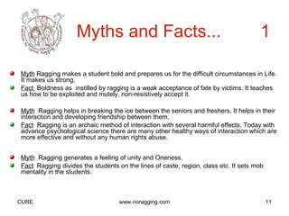 Myths and Facts...                                                1

Myth Ragging makes a student bold and prepares us for the difficult circumstances in Life.
It makes us strong.
Fact Boldness as instilled by ragging is a weak acceptance of fate by victims. It teaches
us how to be exploited and mutely, non-resistively accept it.

Myth Ragging helps in breaking the ice between the seniors and freshers. It helps in their
interaction and developing friendship between them.
Fact Ragging is an archaic method of interaction with several harmful effects. Today with
advance psychological science there are many other healthy ways of interaction which are
more effective and without any human rights abuse.


Myth Ragging generates a feeling of unity and Oneness.
Fact Ragging divides the students on the lines of caste, region, class etc. It sets mob
mentality in the students.



CURE                               www.noragging.com                                      11
 