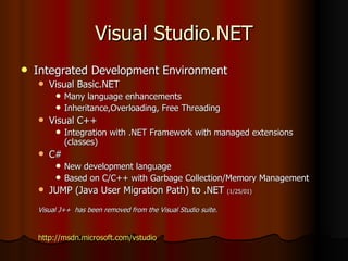 Visual Studio.NET Integrated Development Environment Visual Basic.NET Many language enhancements Inheritance,Overloading, Free Threading  Visual C++ Integration with .NET Framework with managed extensions (classes) C# New development language Based on C/C++ with Garbage Collection/Memory Management JUMP (Java User Migration Path) to .NET  (1/25/01)   Visual J++  has been removed from the Visual Studio suite. http://msdn.microsoft.com/vstudio 