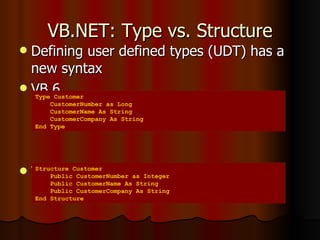 VB.NET: Type vs. Structure Defining user defined types (UDT) has a new syntax VB 6 VB.NET Type Customer CustomerNumber as Long CustomerName As String CustomerCompany As String End Type Structure Customer Public CustomerNumber as Integer Public CustomerName As String Public CustomerCompany As String End Structure 