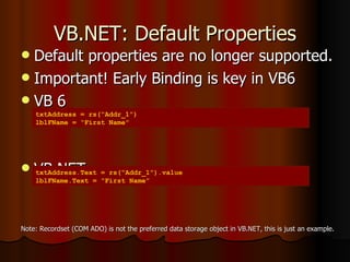 VB.NET: Default Properties Default properties are no longer supported. Important! Early Binding is key in VB6 VB 6 VB.NET Note: Recordset (COM ADO) is not the preferred data storage object in VB.NET, this is just an example. txtAddress = rs(“Addr_1”) lblFName = “First Name” txtAddress.Text = rs(“Addr_1”).value lblFName.Text = “First Name” 