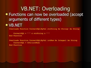 VB.NET: Overloading Functions can now be overloaded (accept arguments of different types) VB.NET Overloads Function ConvertSQL(ByVal strString As String) As String  ConvertSQL = "'" & strString & "'" End Function Overloads Function ConvertSQL(ByVal intNum As Integer) As String ConvertSQL = CStr(intNum) End Function 