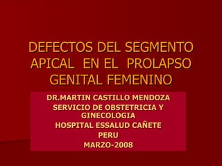 DEFECTOS DEL SEGMENTO APICAL  EN EL  PROLAPSO GENITAL FEMENINO DR.MARTIN CASTILLO MENDOZA SERVICIO DE OBSTETRICIA Y GINECOLOGIA HOSPITAL ESSALUD CAÑETE PERU MARZO-2008 