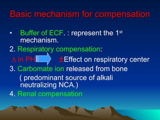 Basic mechanism for compensation Buffer of ECF . : represent the 1 st  mechanism. 2.  Respiratory compensation :  ∆  in PH   ± Effect on respiratory center 3.  Carbomate ion  released from bone ( predominant source of alkali neutralizing NCA.) 4.  Renal compensation   