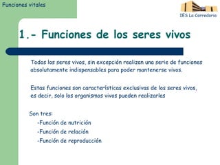 1.- Funciones de los seres vivos Todos los seres vivos, sin excepción realizan una serie de funciones absolutamente indispensables para poder mantenerse vivos. Estas funciones son características exclusivas de los seres vivos, es decir, solo los organismos vivos pueden realizarlas Son tres: -Función de nutrición -Función de relación -Función de reproducción Funciones vitales IES La Corredoria 
