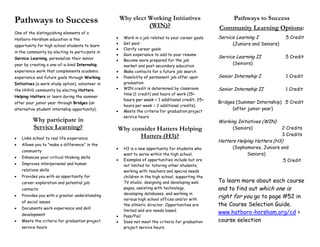 Why elect Working Initiatives                         Pathways to Success
Pathways to Success                                             (WIN)?                               Community Learning Options:
One of the distinguishing elements of a
                                                                                                     Service Learning I             .5 Credit
                                                       Work in a job related to your career goals
                                                  •
Hatboro-Horsham education is the
                                                       Get paid                                            (Juniors and Seniors)
                                                  •
opportunity for high school students to learn
                                                       Clarify career goals
                                                  •
in the community by electing to participate in
                                                       Gain experience to add to your resume
                                                  •
                                                                                                     Service Learning II            .5 Credit
Service Learning, personalize their senior             Become more prepared for the job
                                                  •
                                                                                                           (Seniors)
year by creating a one-of-a-kind Internship,           market and post-secondary education
experience work that complements academic              Make contacts for a future job search
                                                  •
                                                                                                     Senior Internship I            1 Credit
                                                       Possibility of permanent job offer upon
experience and future goals through Working       •
                                                       graduation
Initiatives (a work-study option), volunteer in
                                                       WIN credit is determined by classroom         Senior Internship II           1 Credit
                                                  •
the HHHS community by electing Hatters
                                                       time (1 credit) and hours of work (15+
Helping Hatters or learn during the summer
                                                       hours per week = 1 additional credit, 25+
                                                                                                     Bridges (Summer Internship) .5 Credit
after your junior year through Bridges (an
                                                       hours per week = 2 additional credits).
                                                                                                           (after junior year)
alternative student internship opportunity).           Meets the criteria for graduation project
                                                  •
                                                       service hours
          Why participate in                                                                         Working Initiatives (WIN)
          Service Learning?                                                                               (Seniors)2222222         2 Credits
                                                  Why consider Hatters Helping
                                                                                                     333333333333333               3 Credits
                                                         Hatters (H3)?
    Links school to real life experience
•
                                                                                                     Hatters Helping Hatters (H3)
    Allows you to quot;make a differencequot; in the
•
                                                                                                           (Sophomores, Juniors and
                                                       H3 is a new opportunity for students who
                                                  •
    community
                                                                                                                 Seniors)
                                                       want to serve within the high school.
    Enhances your critical thinking skills
•
                                                       Examples of opportunities include but are                                .5 Credit
                                                  •
    Improves interpersonal and human
•                                                      not limited to: tutoring other students,
    relations skills                                   working with teachers and special needs
    Provides you with an opportunity for               children in the high school, supporting the
•
                                                                                                     To learn more about each course
                                                       TV studio, designing and developing web
    career exploration and potential job
                                                                                                     and to find out which one is
                                                       pages, assisting with technology,
    contacts
                                                       developing databases, and working in
                                                                                                     right for you go to page #52 in
    Provides you with a greater understanding
•
                                                       various high school offices and/or with
    of social issues
                                                                                                     the Course Selection Guide.
                                                       the athletic director. Opportunities are
    Documents work experience and skill
•
                                                       limited and are needs based.
                                                                                                     www.hatboro-horsham.org/cd >
    development                                        Pass/Fail
                                                  •
                                                                                                     course selection
    Meets the criteria for graduation project
•                                                      Does not meet the criteria for graduation
                                                  •
    service hours                                      project service hours.
 